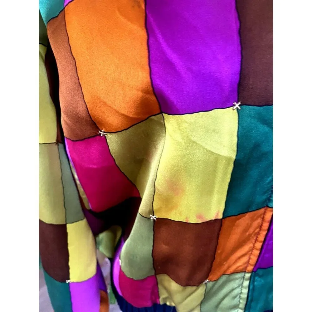 ST. JOHN‎ SPORT MARIE GRAY Bomber Jacket Zip SILK SZ S Color Block 80s Wool Boho - Picture 2 of 10